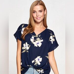 Leah Short Sleeve Blue and Cream Floral Knot Top by West Kei